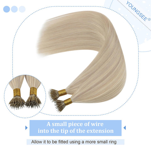 YoungSee Nano Beads Hair Extensions Human Hair Blonde Nano Human Hair Extensions Ash Blonde Highlights Blonde Nano Ring Hair Extensions for Short Hair 14 Inch 1g/s 50g #P18/613