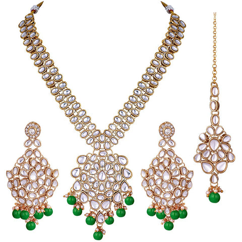 Aheli Wedding Designer Faux Kundan Pearl Necklace with Maang Tikka Set Indian Bridal Ethnic Traditional Jewelry Set Gift for Women