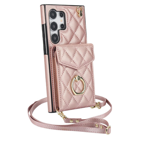XIMAND for Samsung Galaxy S24 Ultra Wallet Case with Ring,High Stylish Luxury Leather Accordion Card Holder,Anti-Drop Lanyard,Multi-Functional Ring Stand,Protective Leather Case.(Rose Gold)