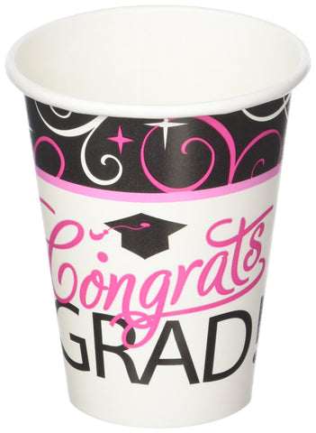 Amscan Sparkling Pink & Black Graduation Party Paper Cups Tableware, Pink/Black, 9 oz