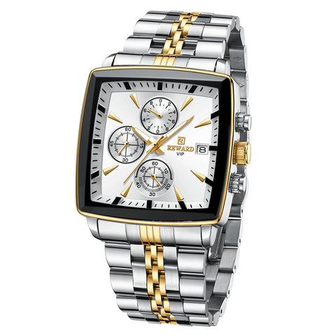 REWARD Man Watches Luxury Fashion Analog Quartz Watch for Men Classic Big Square Face Sport Chronograph Waterproof Luminous Date Stainless Steel Business Mens Wristwatch Black/Silver/Blue Dial, Gold
