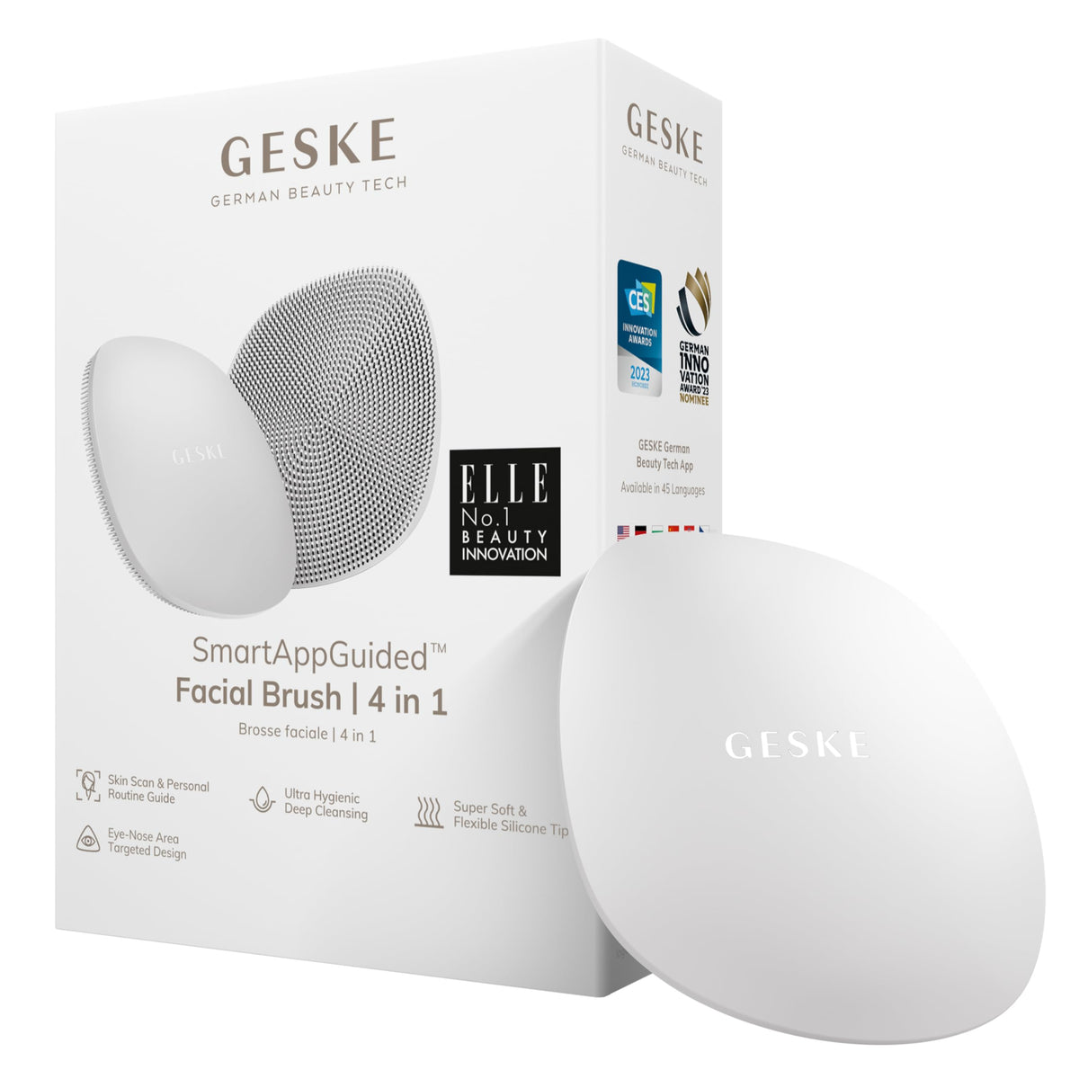 GESKE SmartAppGuided™ Facial Brush | 4 in 1 | professional facial cleansing brush | skin cleansing silicone facial brush | routine skincare | gentle cleansing | facial cleanser