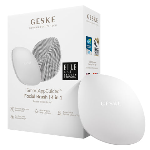 GESKE SmartAppGuided™ Facial Brush | 4 in 1 | professional facial cleansing brush | skin cleansing silicone facial brush | routine skincare | gentle cleansing | facial cleanser