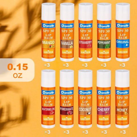 Dansib 30 Pcs SPF 30 Lip Balms Sunscreen Lip Balm Sticks Bulk Assorted 10 Flavors Party Gifts Favors Lip Moisturizing Protect for Outdoor Travel Beach Wedding Baby Shower