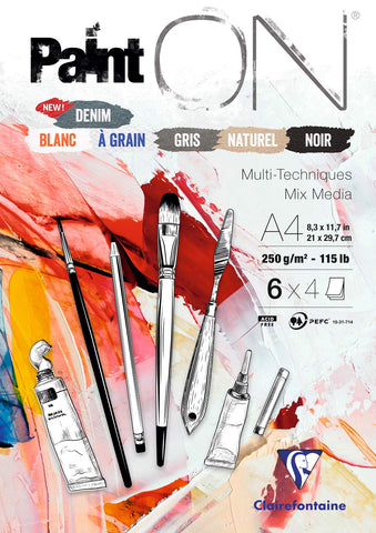 Clairefontaine - Ref 975410C - Paint'ON Multi-Technique Assorted Colour Paper Pad (24 Sheets) - A4 Size, 250gsm Heavyweight Paper, Slight Rough Grain, Acid Free, pH Neutral