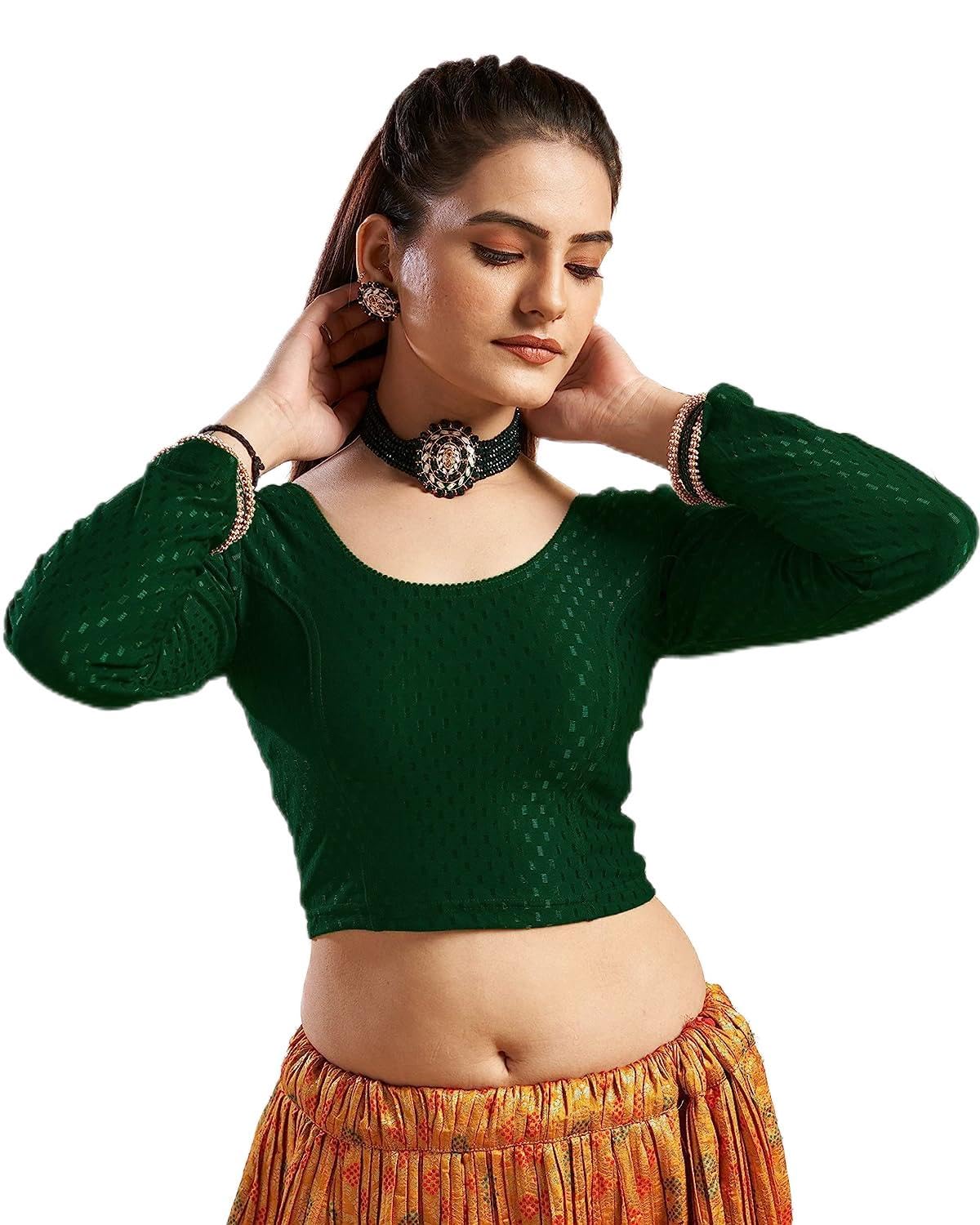 themilestocks TMS Women's Blouses Readymade Gold Stretchable Saree Crop Top Choli Free Size Long Sleeve (Dark Green, Can fit bust size 28""-38"")