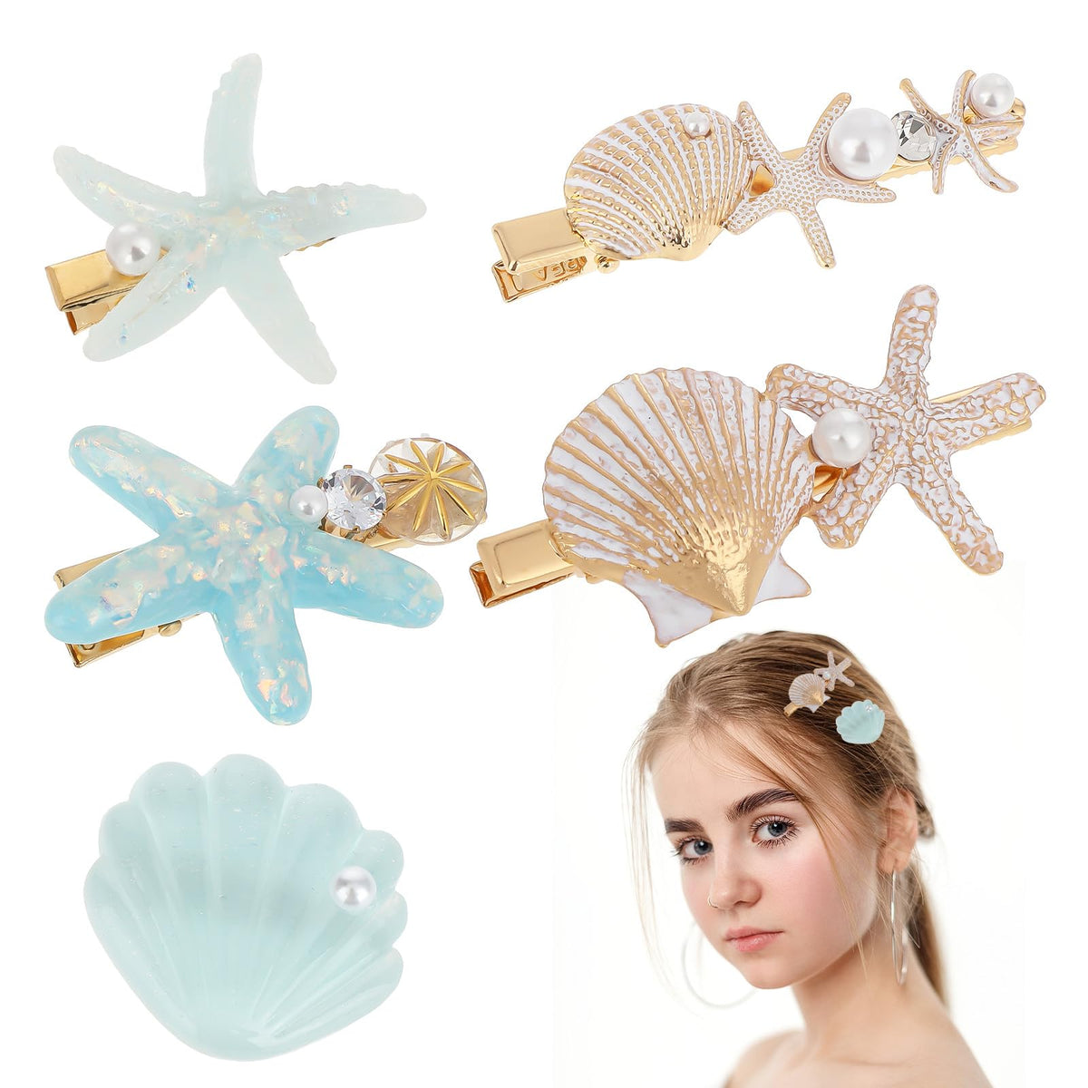 Dimeho 5 Pcs Starfish Hair Clip Set, Glitter Shells Pearl Head Pieces Resin Beach Sea Star Hair Pins Princess Alligator Hair Clips for Women Ladies Mermaid Hair Accessories Wedding Hairstyle Tools