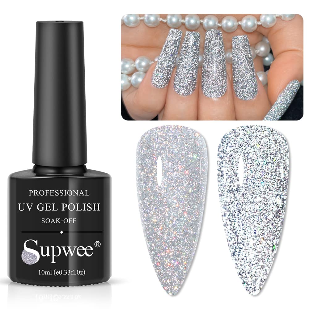 SUPWEE Silver Reflective Glitter Gel Polish Sparkling Diamond Nail Gel Soak Off UV/LED Shiny Gel Holographic Glitter Gel Nail Varnish Manicure DIY At Home Salon
