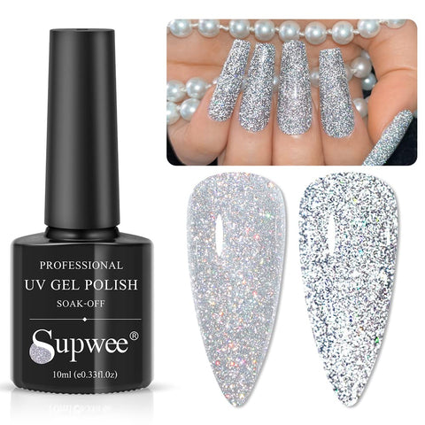 SUPWEE Silver Reflective Glitter Gel Polish Sparkling Diamond Nail Gel Soak Off UV/LED Shiny Gel Holographic Glitter Gel Nail Varnish Manicure DIY At Home Salon