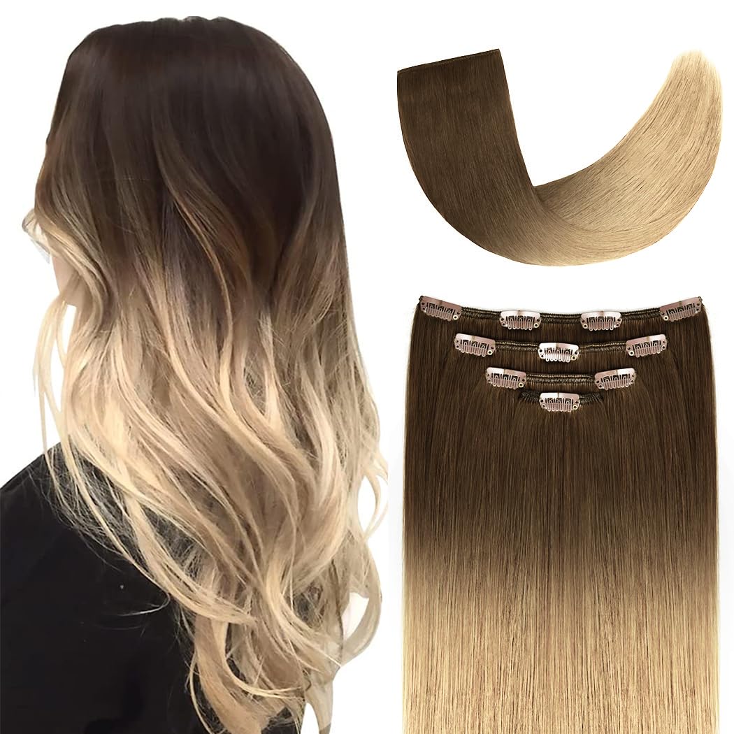 20" Clip in Hair Extensions Remy Human Hair Light Brown Ombre Blonde for Women - Silky Straight 100% Real Human Hair 75grams 4pieces #6T613 Color