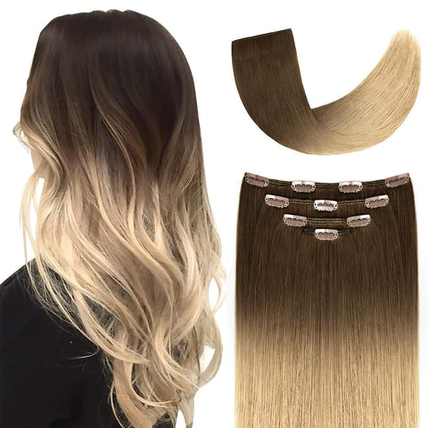 20" Clip in Hair Extensions Remy Human Hair Light Brown Ombre Blonde for Women - Silky Straight 100% Real Human Hair 75grams 4pieces #6T613 Color