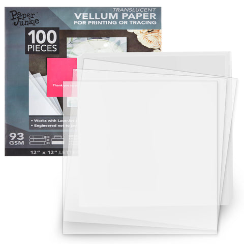 100 Sheets 12 x 12 in Translucent Vellum Paper - 93gsm/63lb Printable Tracing Paper for Invitation, Sketching and Card Overlays