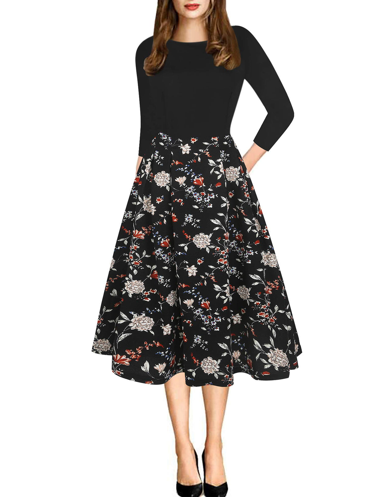 oxiuly Women's Vintage Patchwork Pockets Puffy Swing Casual Party Dress OX165 (Black FPT7, l)