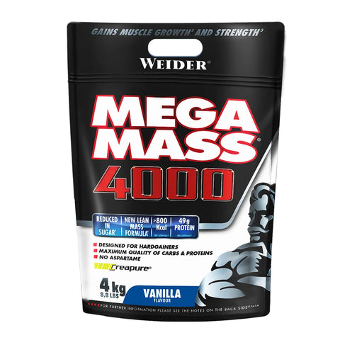 Weider Mega Mass 4000 (4kg) Vanilla Flavour, Mass Gainer with High Content of Complex Carbohydrate Blend, for Energy and Muscle Mass
