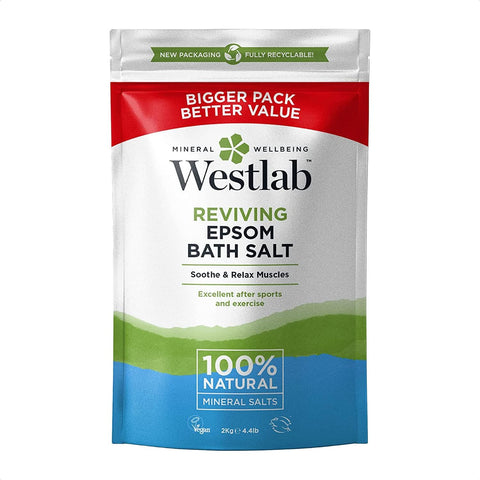 Westlab - Reviving Epsom Salt - 2kg Resealable Pouch - 100% Natural, Pure & Unscented Mineral Salts - Supports Sleep and Relieves Aching Muscles (Packing may vary).
