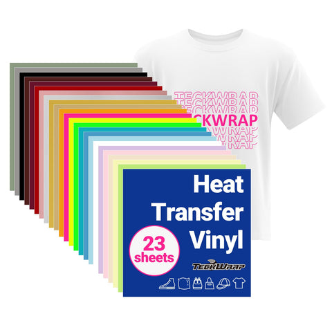TECKWRAP PU Heat Transfer Vinyl Sheets, 23 Pack 12"x12" Iron On Vinyl for T-Shirts, Clothes, Bags, PU HTV Vinyl Compatible with Most Cutting Machines, Easy to Cut & Weed