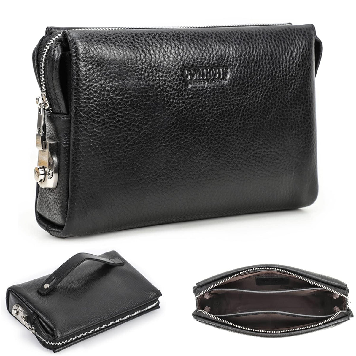Contacts Genuine Leather ID Card Holder Clutch for Men, Mens Large Capacity with Anti-Theft Combination Lock Travel Wallet with Strap