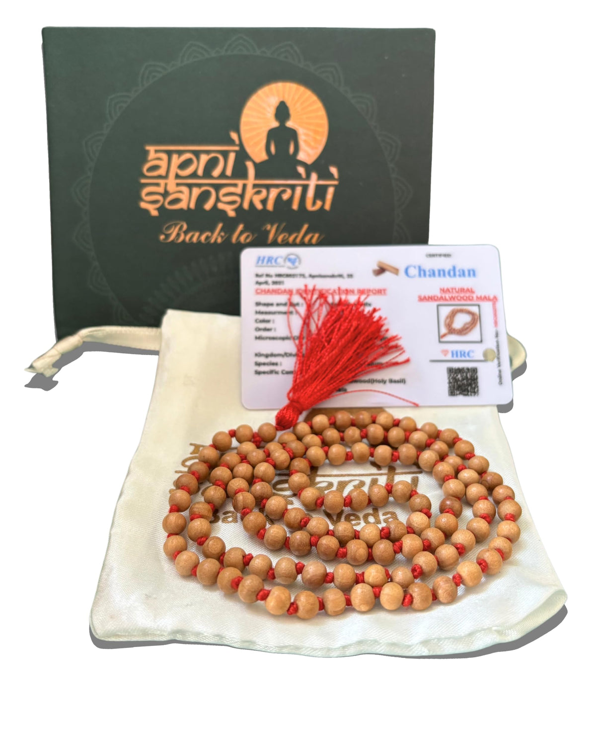 Apnisanskriti Chandan Mala (Sandalwood Rosary) for Men and Women Wearing (4mm, Small Bead Size, 108+1 Beads, Lab Certified) - Natural Light Brown Chandan Beads - Pack of 1