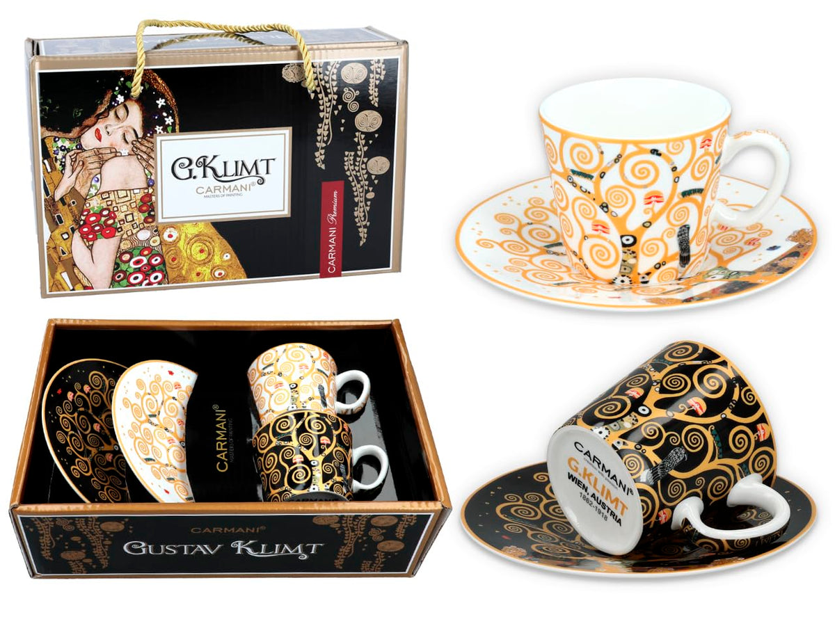 Carmani - Espresso Cups with Saucers Set of 2, Printed with Gustav Klimt, The Tree of Life and The Kiss 100 ml