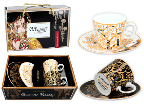 Carmani - Espresso Cups with Saucers Set of 2, Printed with Gustav Klimt, The Tree of Life and The Kiss 100 ml