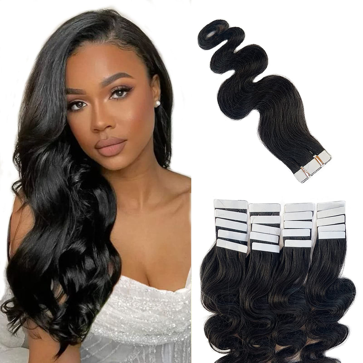 Body Wave Tape in Hair Extensions Human Hair 24 Inch Natural Black Seamless Tape in Hair Extensions for Black Women Double Sided Wavy Tape ins Hair Extensions Real Human Hair 50grams 20pcs