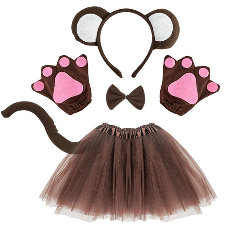 XNIVUIS Monkey Fancy Costume Animal Costume Set Tail Bow Tie Headband gloves Tutu Skirt Set for Adults Kids Dress Up Halloween Stage Performance Carnival Cosplay Party(Brown)