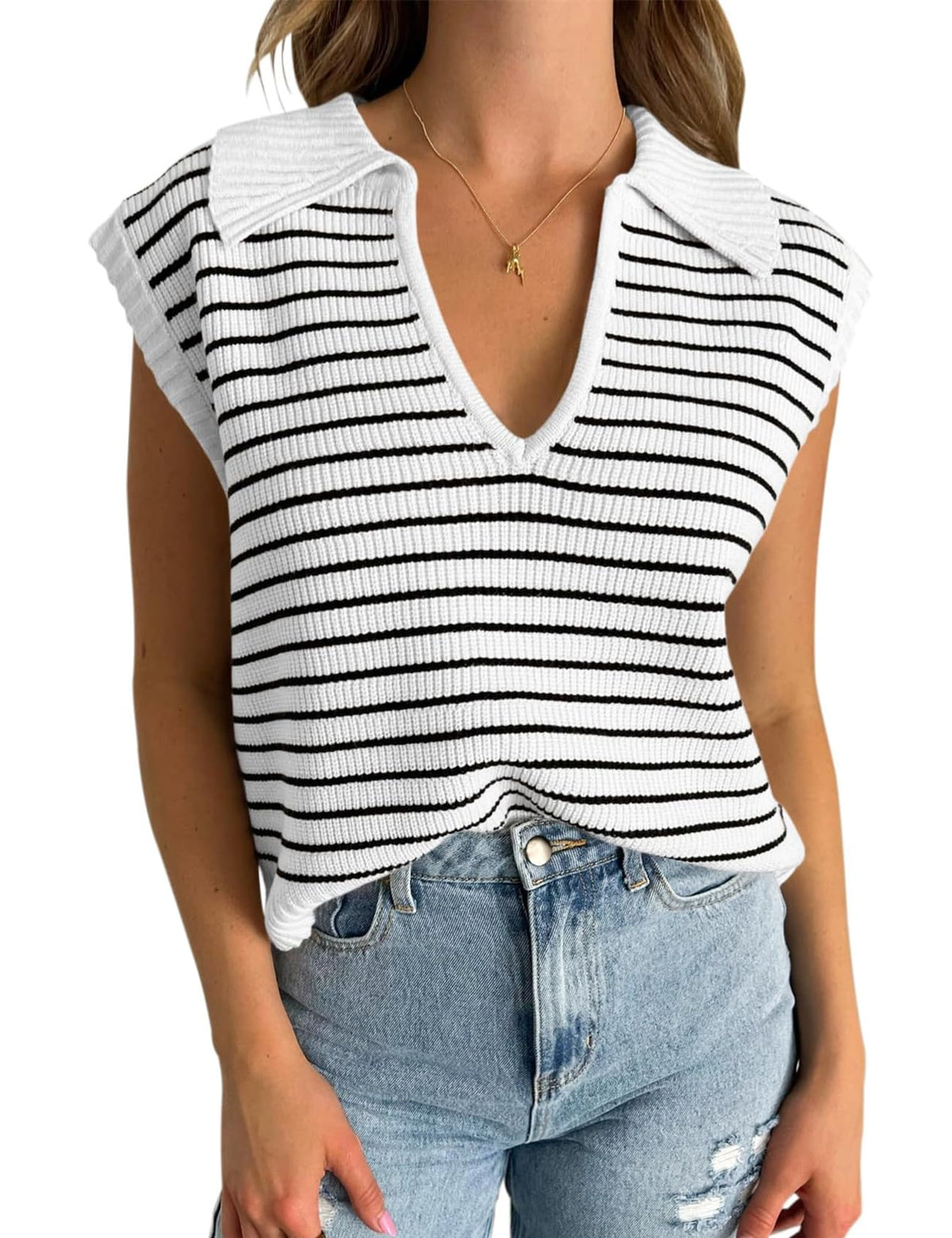 Flygo Summer Sweaters Vest Top for Women Striped Sweater Sleeveless V Neck Collared Knit Tank 2024 Trendy Tops(White-XL)