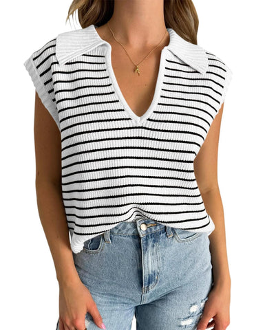Flygo Summer Sweaters Vest Top for Women Striped Sweater Sleeveless V Neck Collared Knit Tank 2024 Trendy Tops(White-XL)