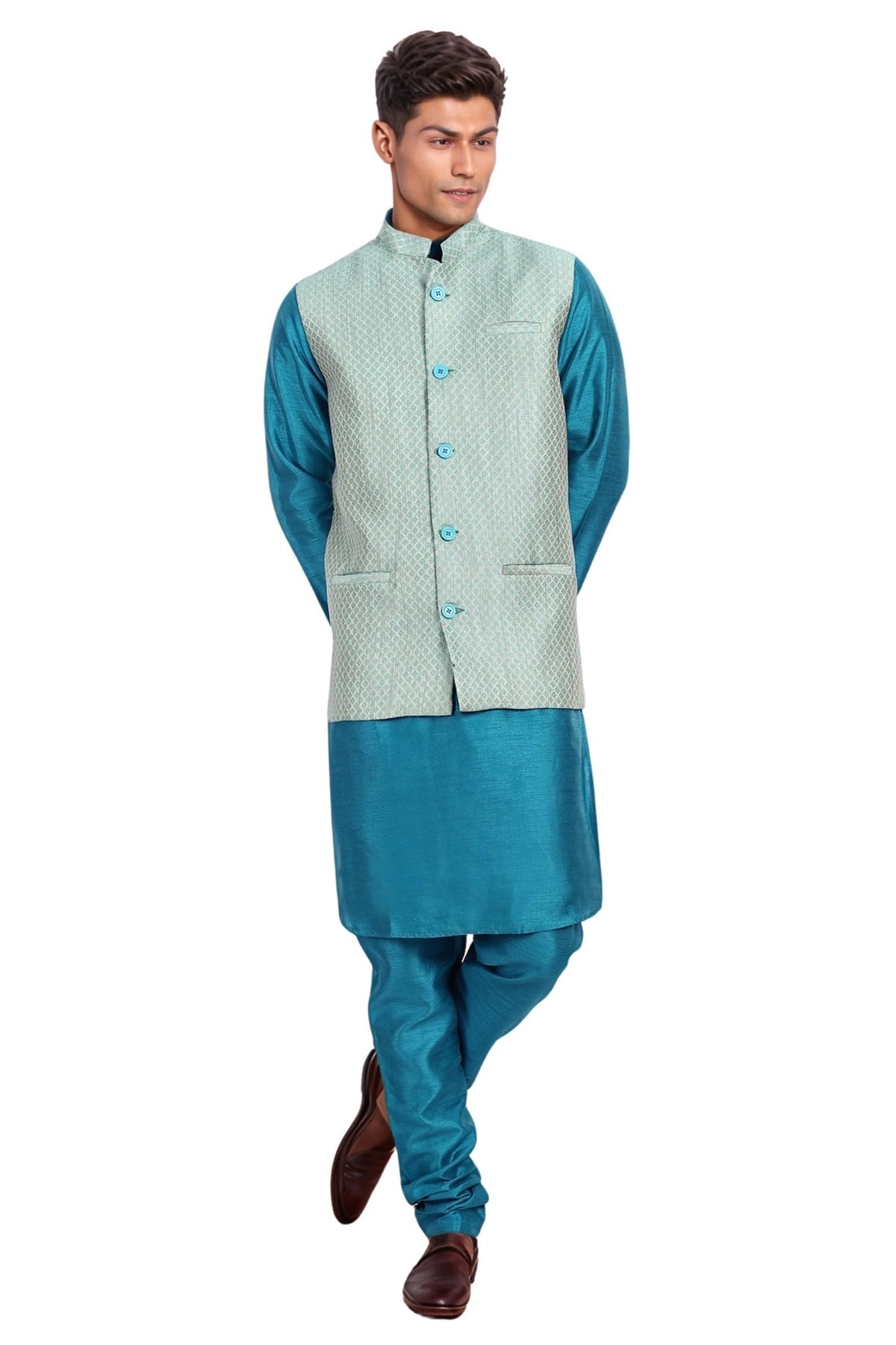 SKAVIJ Men's Dupion Silk Kurta Pajama with Nehru Jacket (Waistcoat) Set Indian Traditional Wedding Ethnic Outfit (X-Large, Turquoise)