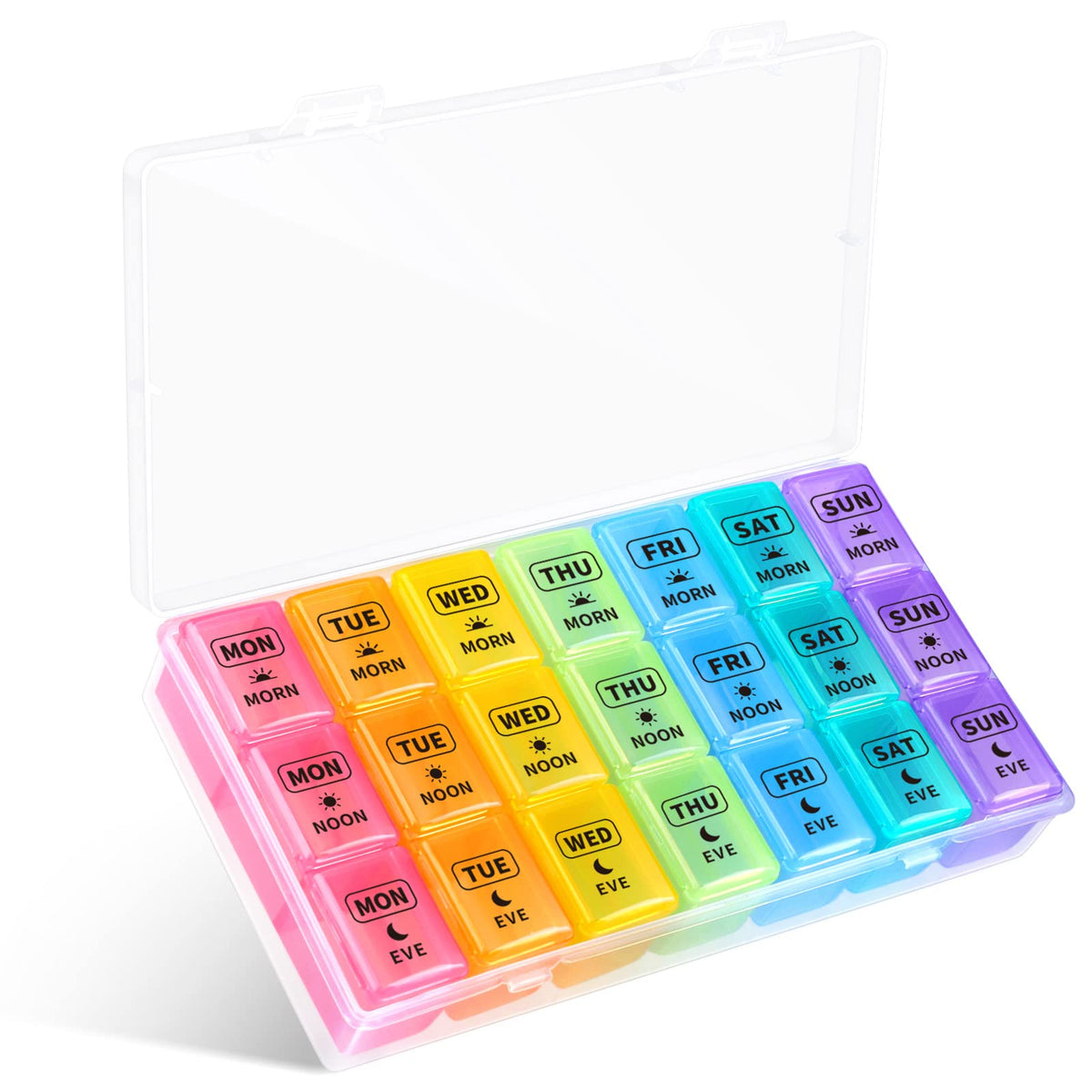 Opret Pill Box Organiser 7 Day, Pill Dispenser Weekly 3 Times a Day with case for Travel, Vitamin Fish Oil Container Planner BPA Free (Rainbow-Coloured)