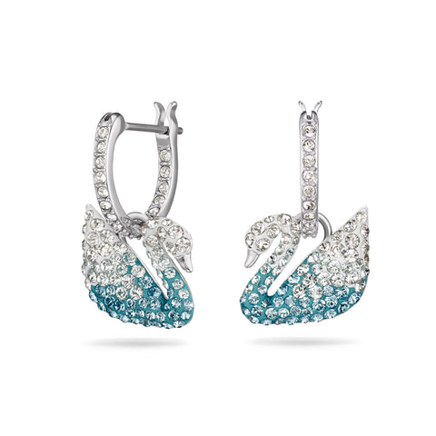 Swarovski Iconic Swan hoop earrings, Swan, Blue, Rhodium plated