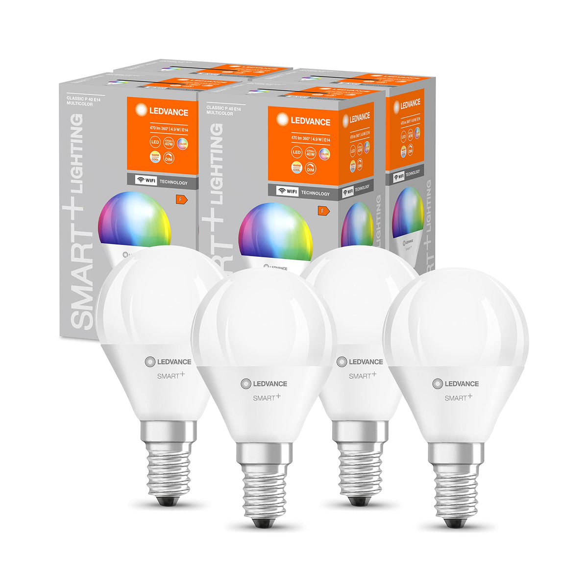 LEDVANCE Smart LED Bulb with WiFi Technology, E14 Base, Dimmable, Light Colour Changeable (2700-6500K), RGB Colours Changeable, Replaces 40W Incandescent Bulbs, 4-Pack