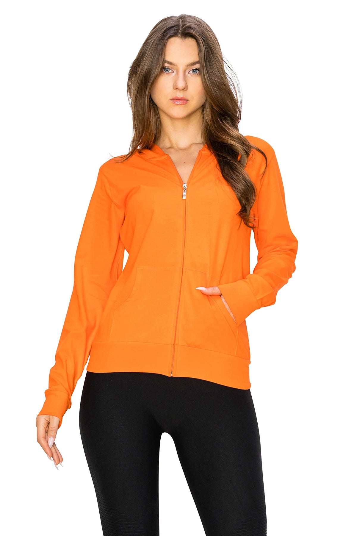 EttelLut Lightweight Comfy Cotton Casual Active Full Zip-up Plain Hoodie Jacket for Women Orange M