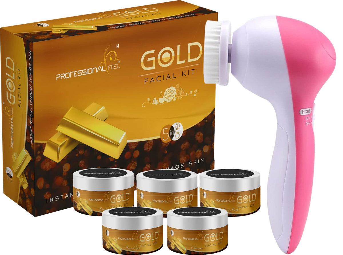 Professional Feel Gold Lotus Facial Kit With 5 in 1 Face Massager (Set of 6) 250 gm (Gold Facial With Massager)