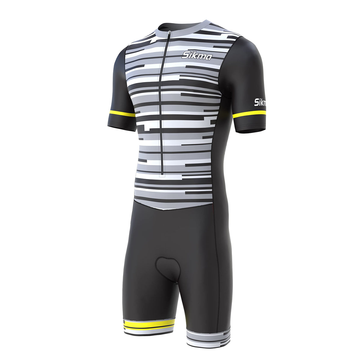 Men's Cycling Skinsuit Gel Padded One Piece Trisuit Bike Top Short Sublimated Unique Design Bib Shorts (Black/Grey, XL)