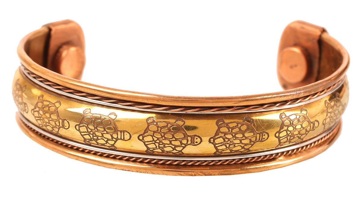 Touchstone handcrafted magnetic copper bracelet. Hand forged with solid and high gauge Tibetan style engraved cuff pure copper jewelry for women men. Tortoise Inspired