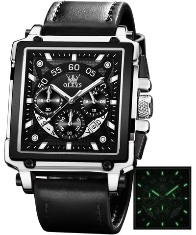 OLEVS Square Watches for Men Black Leather Multifunctional Chronograph Fashion Business Dress Analog Quartz Wrist Watches Luminous Waterproof