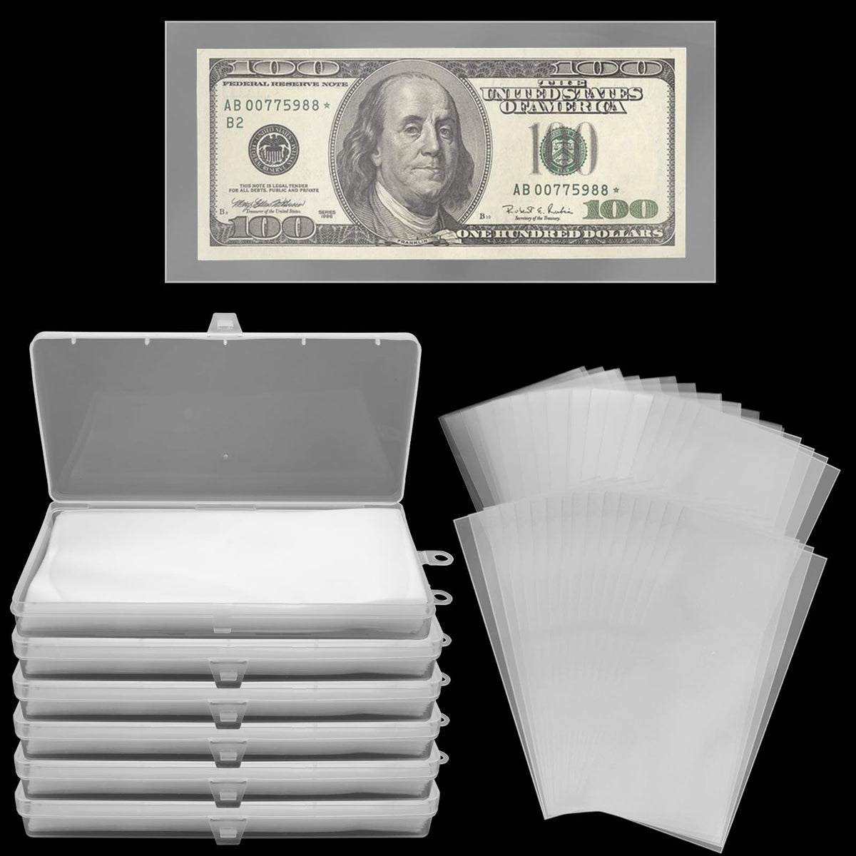 APACALI 500 Pieces Dollar Bill Sleeves with 5 Case for Collectors, Plastic Dollar Bill Holder Currency Sleeves Money Collection Sleeves Bank Note Sleeves for Collector Storager