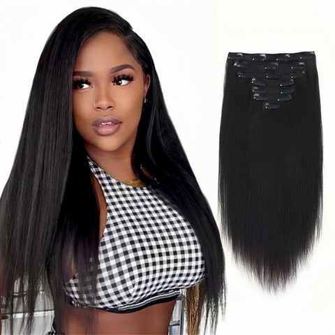 SixStarHair Yaki Straight Clip Ins Hair Extension Relaxed Italian Yaki 16inch 120g per Pack Remy Human Hair Coarse Yaki Clip In Hair Extensions For Black Women 7 Pieces set