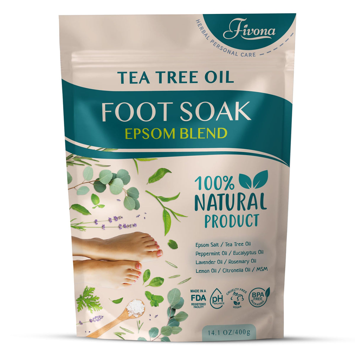 Fivona Tea Tree Foot Soak Blend 14.1 oz - Epsom Salt with Essential Oils for Healthy Toenails, Soothing Relief, Odor Control, Callus Softening - Pedicure Therapy for Soft, Rejuvenated Feet