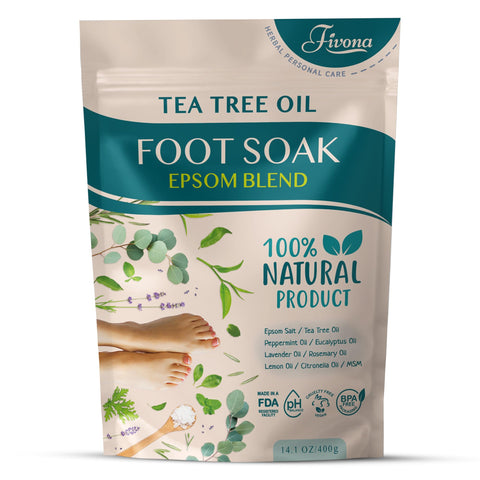Fivona Tea Tree Foot Soak Blend 14.1 oz - Epsom Salt with Essential Oils for Healthy Toenails, Soothing Relief, Odor Control, Callus Softening - Pedicure Therapy for Soft, Rejuvenated Feet