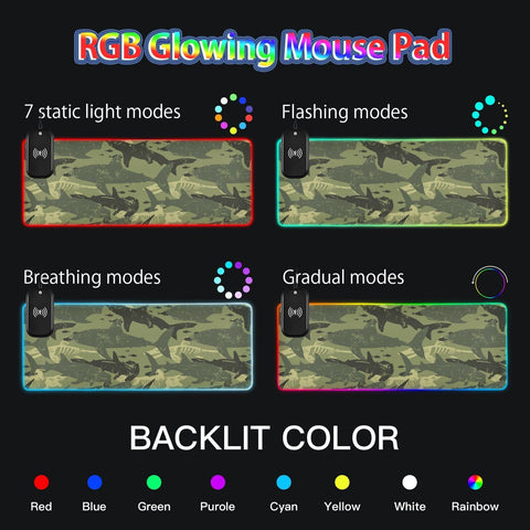Camouflage Shark Wireless Charging Mouse Pad for Mobile Phone Extra Large Gaming Mousepad with 13 Lighting Modes Mouse Mat for Gaming MacBook PC Laptop Desk Home Office