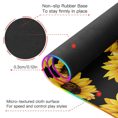 Beautiful Sunflowers in Black Background Wireless Charging Mouse Pad for Mobile Phone Extra Large Gaming Mousepad with 13 Lighting Modes Computer Mat for Office Home Gaming MacBook PC Laptop Desk