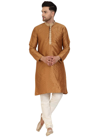SKAVIJ Men's Jacquard Silk Embroidered Kurta Pajama Set Thread Work Ethnic Party Dress (KP037brown_Brown_L)