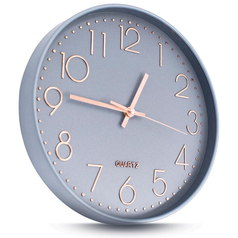 Joejis 30cm Kitchen Wall Clocks, Silent Wall Clock Non-Ticking Sweep Mechanism - Modern Quartz Design Decorative Bathroom Living Room Hallway - Grey and Rose Gold