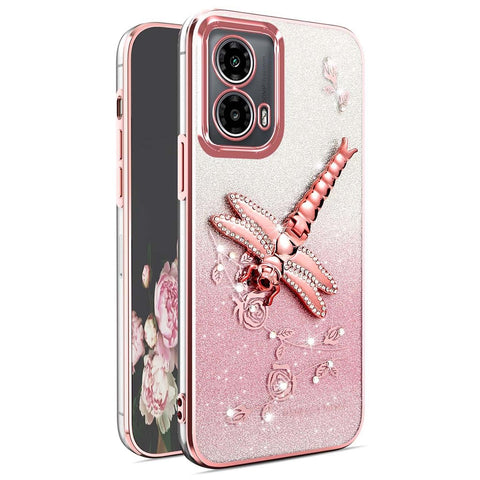 YUEQIAN Glitter Case for Motorola Edge 50 Fusion, Ultra Thin Transparent Bling Shiny Sequins TPU Shockproof Cover, Diamond Flowers Dragonfly Stand Sparkle Girls Case. Pink