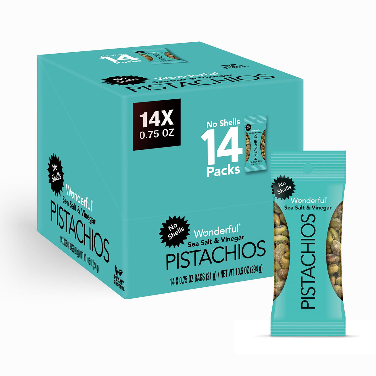 Wonderful Pistachios No Shells, Sea Salt & Vinegar Nuts, 0.75 Ounce Bags (Pack of 14), Protein Snack, Carb-Friendly, Gluten Free, On-the Go, Individually Wrapped Healthy Snack