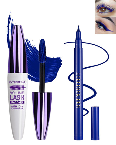 Blue Waterproof Mascara & Eyeliner, 5D Silk Fiber Lash Extensions Colored Tubing Mascara Volume and Length, Long-Lasting Smudge-Proof Voluminous Colorful Mascara and Liquid Eyeliner Pen Set for Women