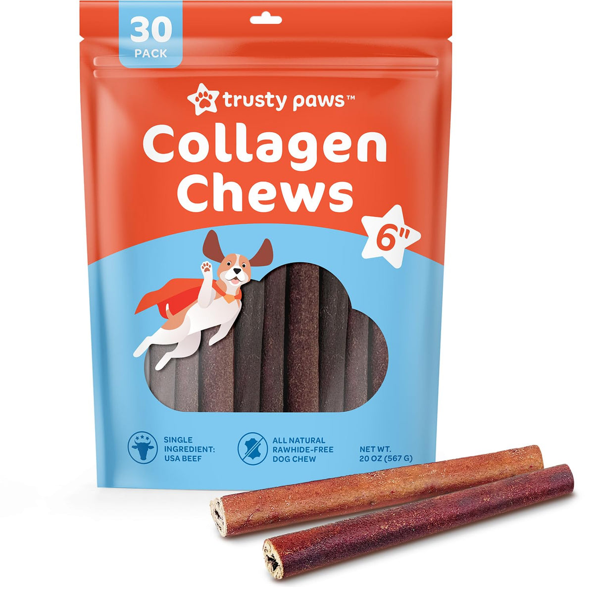 Trusty Paws Beef Collagen Sticks for Dogs - One Ingredient Collagen Chews - USA Beef Collagen Dog Chews Long Lasting - 20oz Bag, 30 Collagen Chew Sticks for Dogs