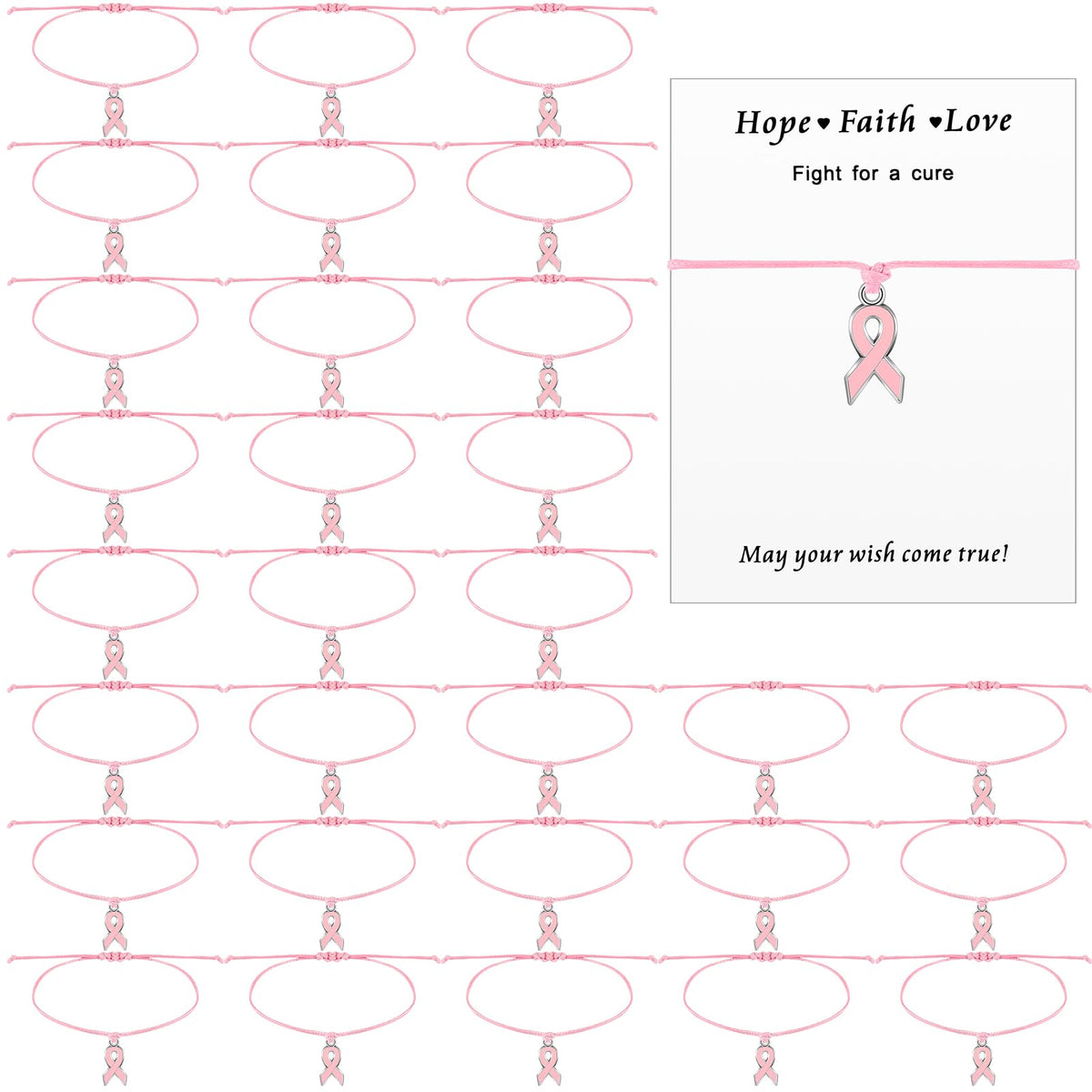 Huquary 30 Pcs Breast Cancer Awareness Bracelets Adjustable Cord Pink Ribbon Braided Bracelets with 30 Pcs Cards Inspirational Breast Cancer Gifts for Women Cancer Survivor Fighter Jewelry